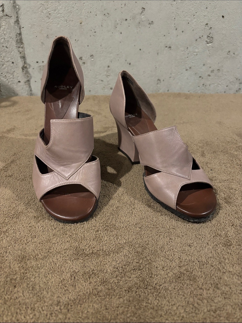 Audley Taupe Leather Open-Toe Block Heels - Size 37.5 Euro